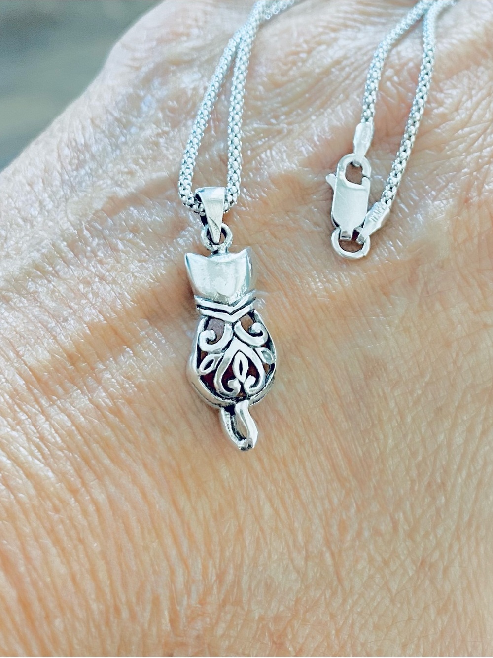 Sterling Silver Filigree Cat Necklace, Kitty Chain, Pet Animal Jewelry, Kittens